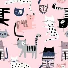 Fotobehang Katten Naadloze patroon met schattige kleurrijke kittens. Creatieve kinderachtig roze textuur. Geweldig voor stof, textiel vectorillustratie