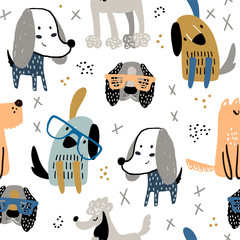 Modèle sans couture enfantin avec des chiens créatifs drôles. Fond de vecteur scandinave à la mode. Parfait pour les vêtements pour enfants, le tissu, le textile, la décoration de chambre d& 39 enfant, le papier d& 39 emballage