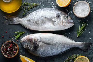 Two fresh raw Dorado fish with spices and olive oil on a dark stone table. Top view. Flat lay