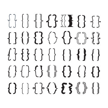 Black Opening And Closing Pairs Curly Brackets Or Braces With Different Fonts And Styles Icons Set On White Background