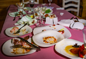 Messy table with dirty dishes after party on food table. Leftover food, empty glasses, dirty dishes on a table.