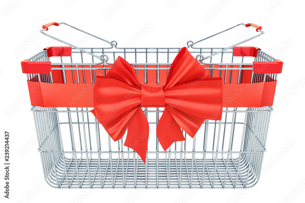 Aufkleber empty shopping basket with red bow and ribbon. 3d rendering
