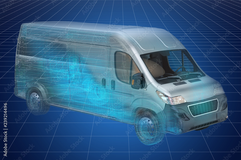 Poster visualization 3d cad model of delivery van, blueprint. 3d rendering