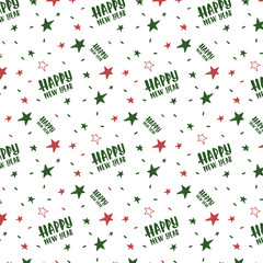 New Year holiday pattern in the style of the doodle. Christmas ornament with lettering, green stars and red stars on white background