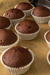 Sweet chocolate muffins with pieces of chocolate.