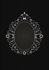 Silver oval vintage calligraphic ornament frame with flowers and crown around double oval frame on black striped background
