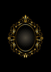 Gold oval vintage calligraphic frame with flowers and crown around double oval frame on black background
