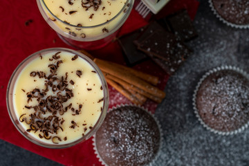 Sweet chocolate muffins with pieces of chocolate.