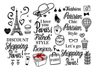 Vector Shopping in Paris collection. Set black fashion illustration and lettering inscription. Parisian Style, chic, discount. © Inga Maya