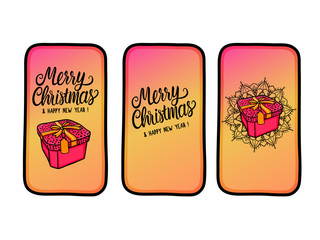 Set Black Friday lettering inscription and gift box in new phone. Sale banner. Vector illustration isolated on white background.