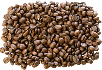 Background of coffee beans and water droplets, isolated on white background