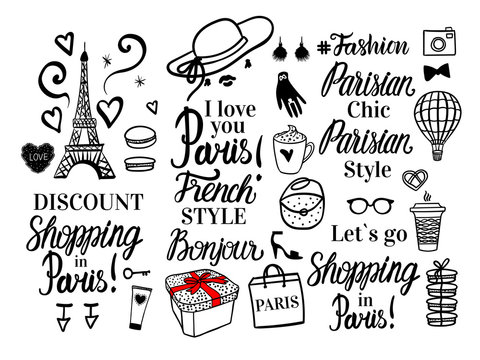 Vector Shopping in Paris collection. Set black fashion illustration and lettering inscription. Parisian Style, chic, discount.