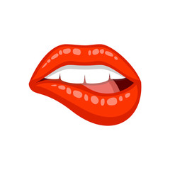 Illustration of sexy woman's lip. Bite one's lip, female lips with red lipstick. Vector illustration isolated on white background.