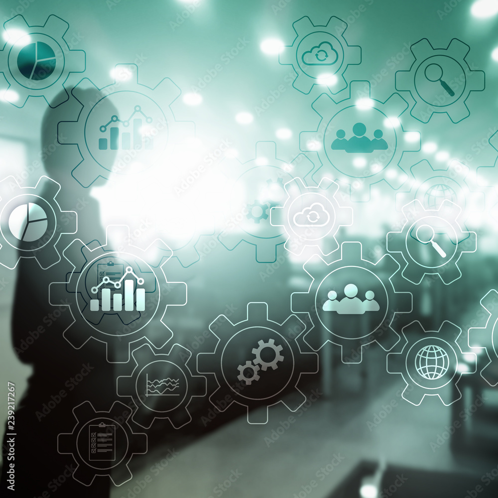 Poster business process abstract diagram with gears and icons. workflow and automation technology concept.