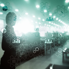 Business process abstract diagram with gears and icons. Workflow and automation technology concept.