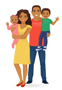 Parents with newborn baby girl and toddler boy vector illustration isolated. Happy family portrait. Mother and father with daughter and son