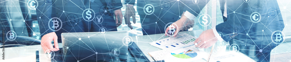 Poster double exposure bitcoin and blockchain concept. digital economy and currency trading. website header