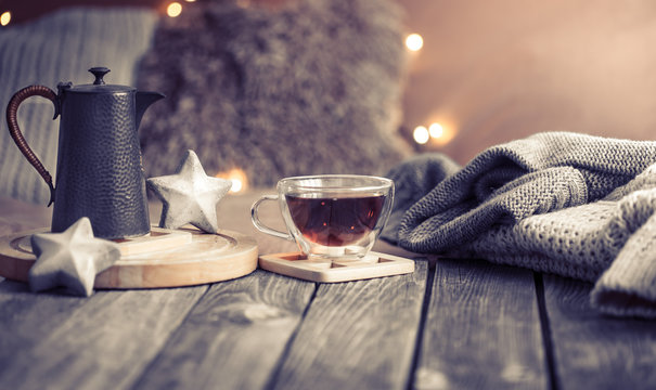home comfort, details of the festive interior on a wooden table