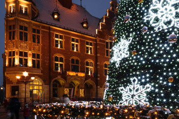 Fototapeta na wymiar Christmas tree in the city center. Tarnowskie Gory. Poland