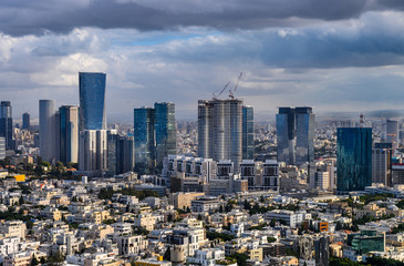 Aerial  view of old Tel Aviv buildings  over new Sarona skyscrapers..