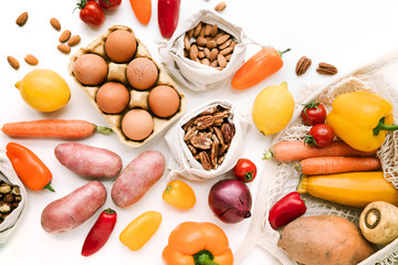 Healthy food on white background top view. Zero waste concept, no plastic. Fresh different vegetarian products, healthy food variety. Banner social media image