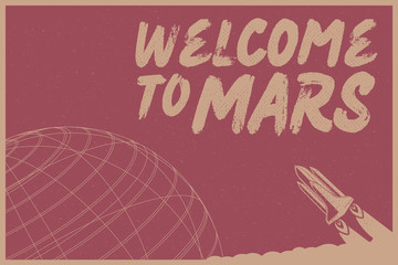 Welcome to Mars with Rocket vector illustration concept on dark red background with texture © denisxizer