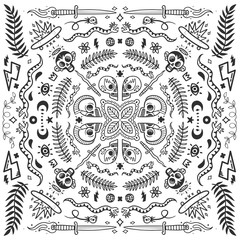 Black and white bandana, old school tattoo elements in doodle style with snakes, skulls, skates and knifes vector illustration concept on white background