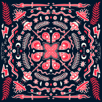 Colourful bandana, old school tattoo elements in doodle style with snakes, skulls, skates and knifes vector illustration concept on white background
