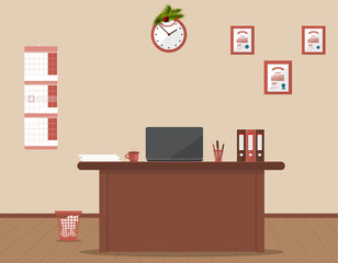 The winter Christmas and New Year office on a cream background. Table, armchair, folders,wall calendar,laptop, clock. Wooden floor. Vector illustration