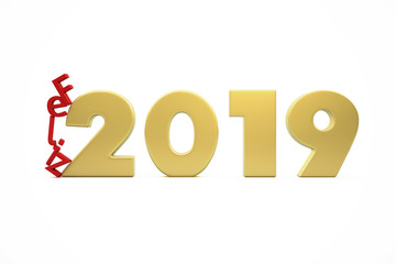 New Year's Happy 2019 - Golden Figures and Red Letters Collapsing - 3D Render Illustration Isolated on White Background - Words in Spanish