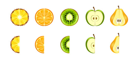 vector set of peice tropical fruit half a fruit whole kiwi