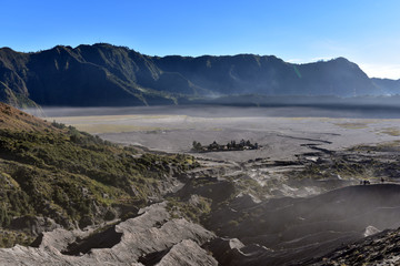 Dark sand dunes inside Mount Bromo volcano caldera, Java, Indonesia