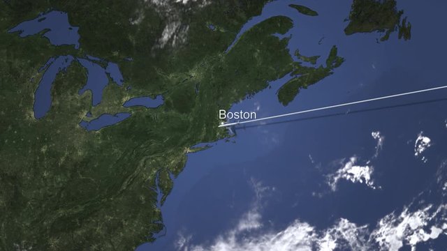 Airliner flying to Boston, United States from east, 3D animation 