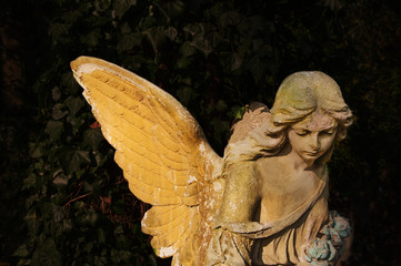Old stone angel on a light background (religion, Christianity, faith concept)