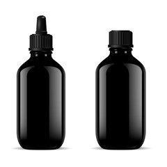 Black Glass Medical Bottles Set. Dropper Mockup. Screw Lid Flask with Pipette for Pharmaceutical Product Syrup, Oil, Nasal Liquid, Essence. Pharmacy Jar Vector 3d Realistic Package Eyedropper Cap.