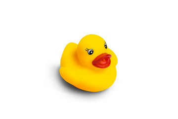 Yellow toy duck for a bath on a white background