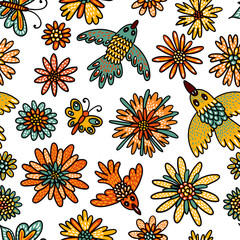 Obraz na płótnie Canvas Birds, butterflies and flowers seamless pattern. Cute illustration in cartoon style for children's textiles. Vector illustration.