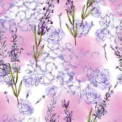 Beautiful watercolor pattern with rose, lavender, hudrangea flowers. 