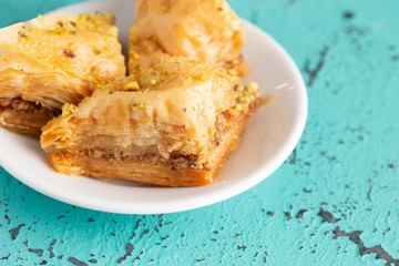 Classic Baklava on a Blue Distressed Surface