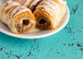 Classic Baklava on a Blue Distressed Surface