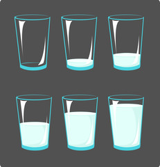 Set icons glasses with milk - animation frames full and poor glass
