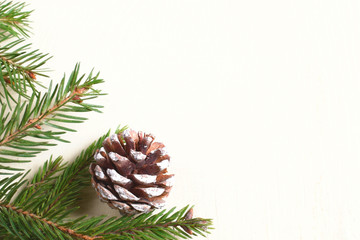 Christmas composition on wooden background.