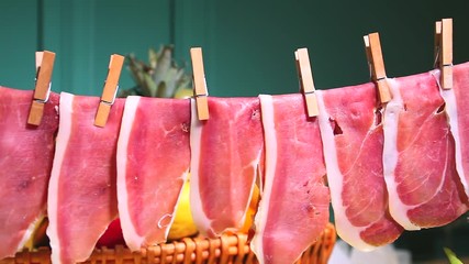Dry meat hangs on a rope at catering. Celebrations Catering slider shoot