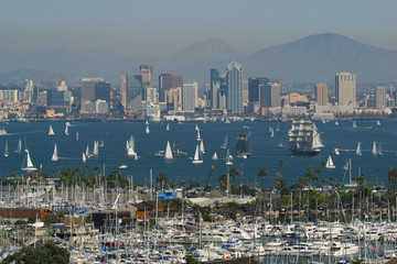 Fototapeta na wymiar Skyline of San Diego with boats as viewed from Point Loma