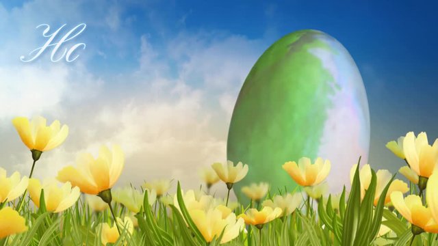 Watercolor Egg Happy Easter in Lilies 4K features an egg with animated watercolor splashes in a field of animated lilies and clouds with an animated Happy Easter message
