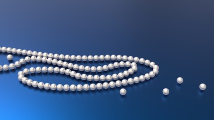 Pearl beads on blue background 3d render. White pearls on dark background.