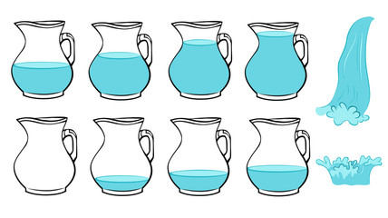 Vector set of frames  full and poor jug, splash water and pouring