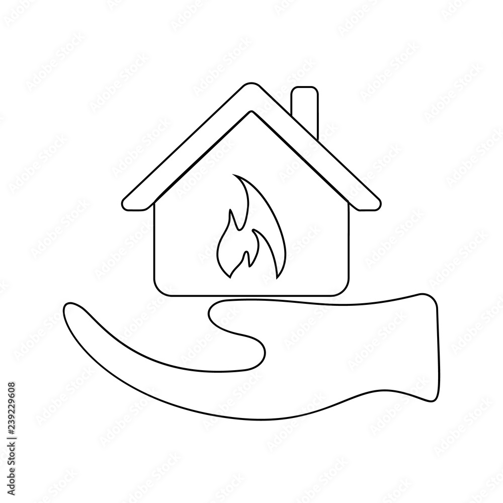 Poster burning house in hand icon. element of insurance for mobile concept and web apps icon. thin line ico
