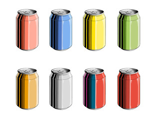 Set of aluminum can in color, isolated on white background. Detailed vintage style drawing, for posters, decoration and print. Hand drawn sketch. Vector illustration