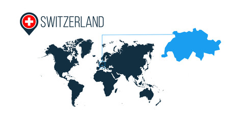 Switzerland location on the world map for infographics. All world countries without names. Switzerland round flag in the map pin or marker. vector illustration on stripped background.